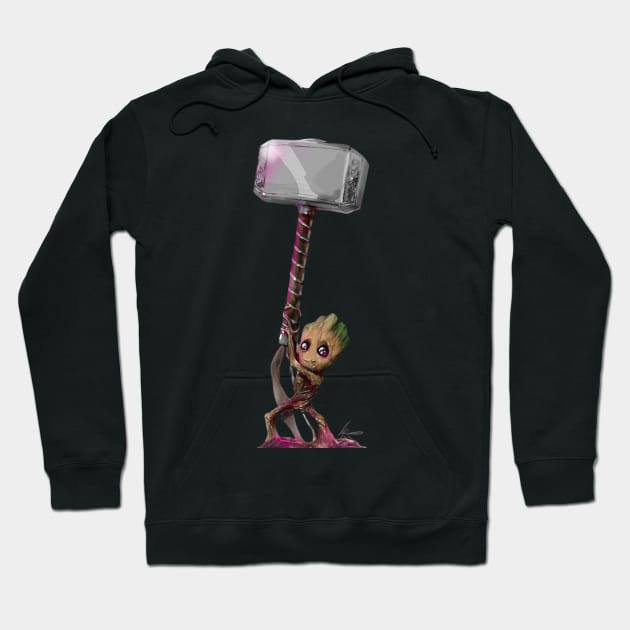 Baby Groot with Thor's Hammer Hoodie by hardwoodknocks